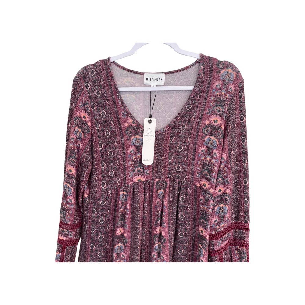 Olive + Oak Dress Small Floral Print Long Sleeve V Neck Burgundy Boho